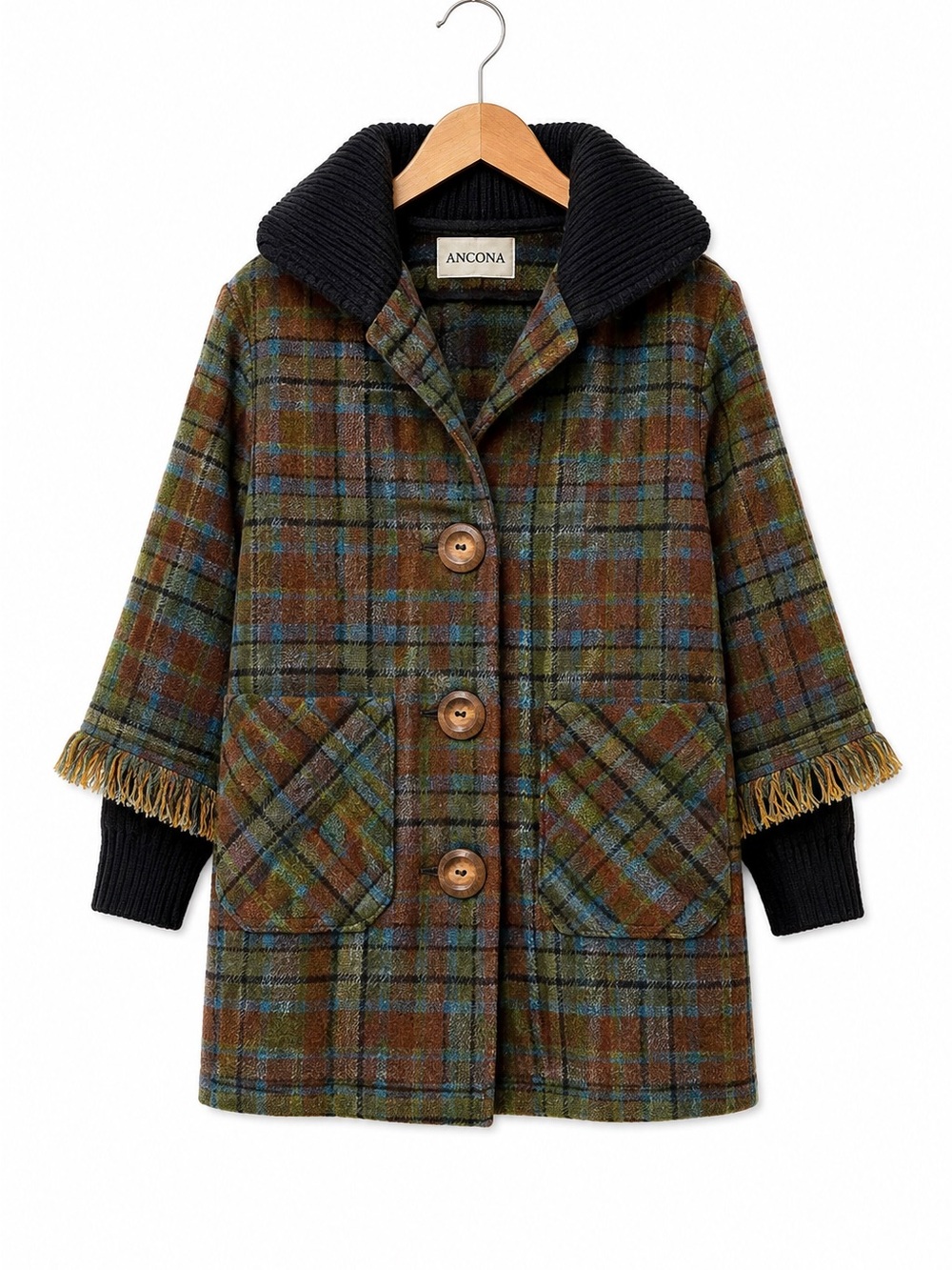 Ancona Plaid Wool Blend Coat Knit Funnel Collar Fringe Trim